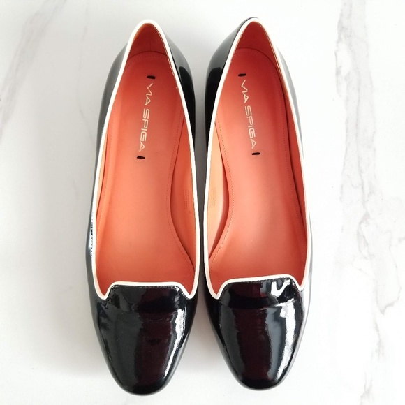 VIA SPIGA EDINA Flats Loafers Black White Patent - Picture 6 of 12